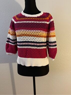 Tribal Striped Crochet Sweater - Pink, White, Yellow, Black